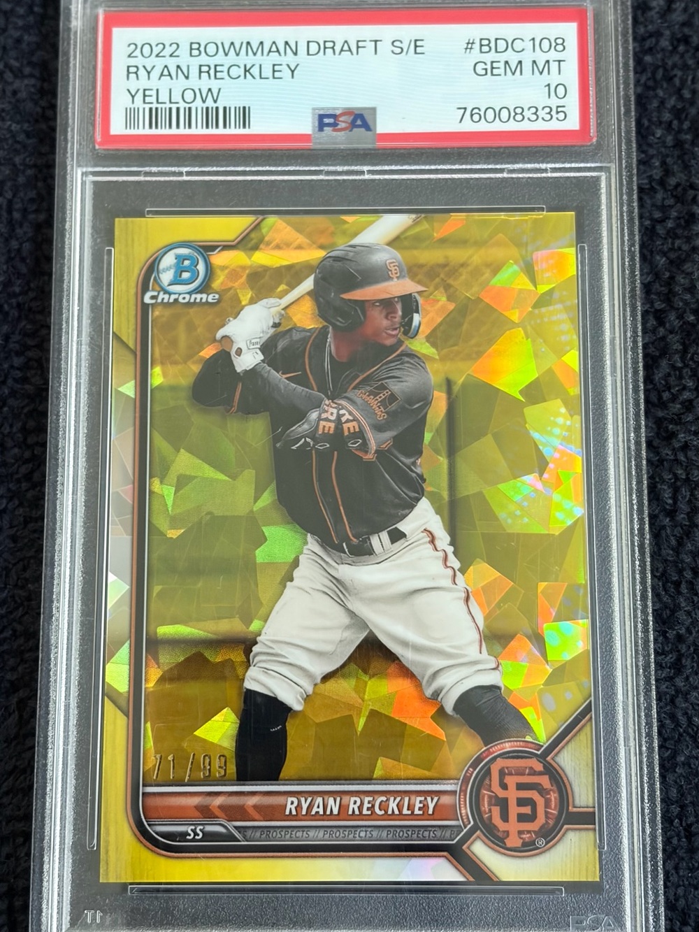 2022 Bowman Draft Sapphire Ryan Reckley #BDC108 Yellow /99 PSA 10 GEM MT Giants
